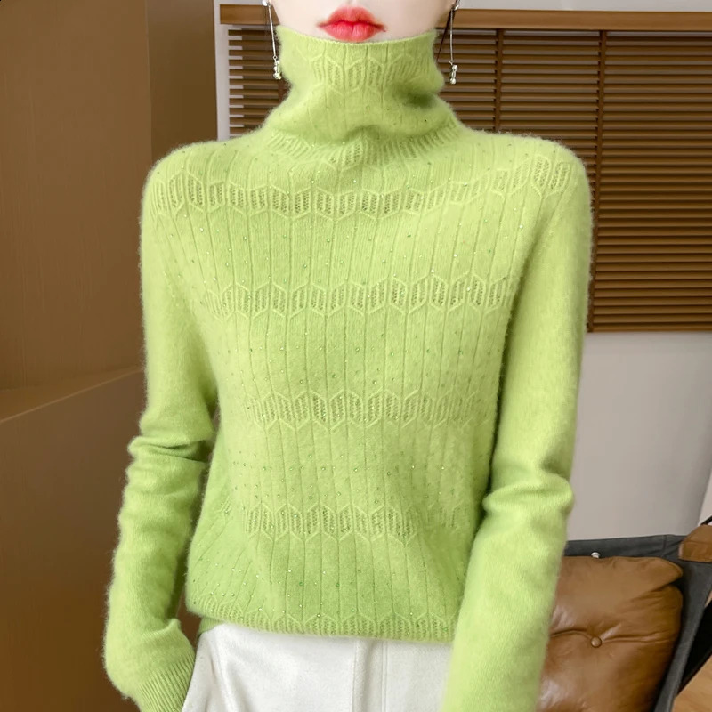 Womens Pullover Autumn/Winter 100% Pure Wool Sweater Casual Solid Knitted Sweater Turtleneck Loose Tops Fashion Hollow Blouse 240824
