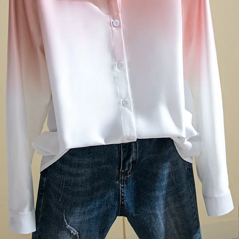 Womens Spring Autumn Fashion Polo-Neck Button Loose and Slimming Long Sleeved Personalized Gradient Western-style Shirt Top 240823