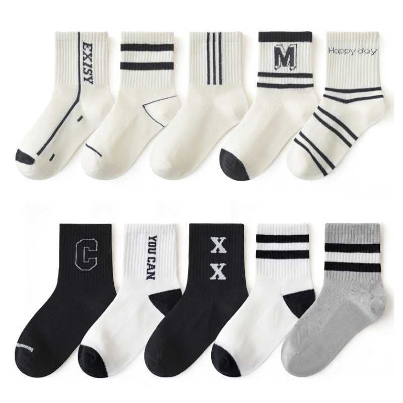 5 Pairs Spring Summer Kids Fashion Mid-calf Socks Cotton Mesh Girls Boys School Sports Long Socks Children Clothing Accessories CL240824