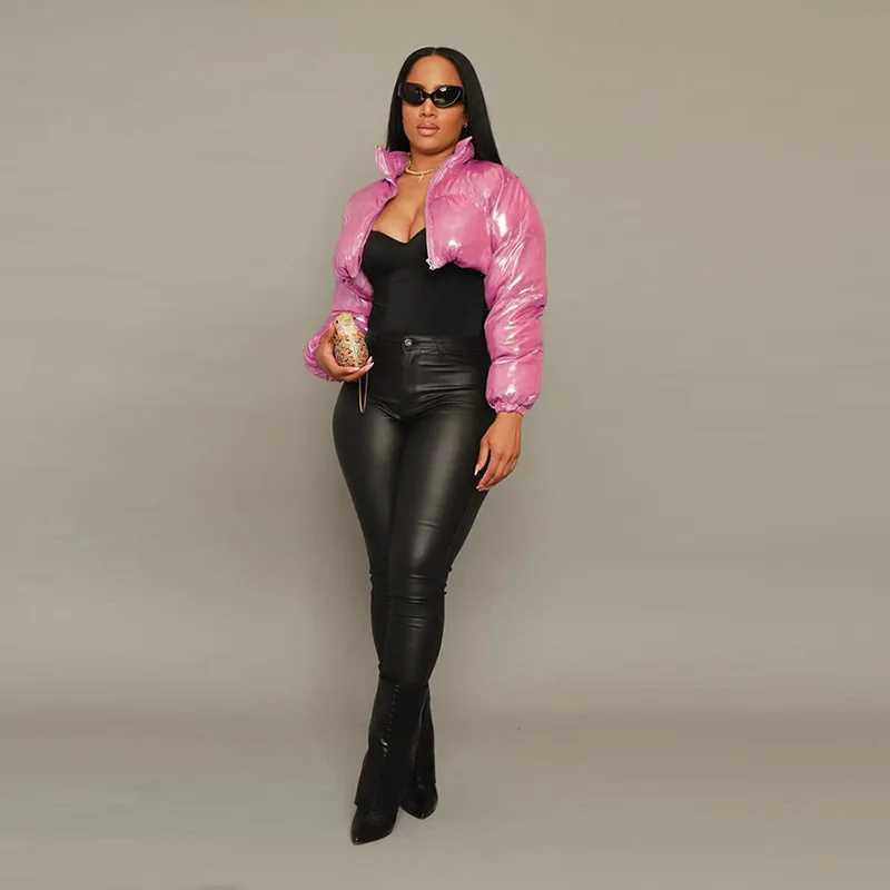 Women's Down Parkas Cute Women Shiny PU Leather Puffer Jackets High Waist Slim Bubble Outcoats Fluffy Cropped Jacket Parkas Down Autumn Winter Y2
