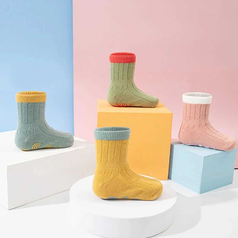 5 pairs of childrens socks solid color striped rubber anti slip newborn baby floor socks cotton girls baby socks CL240824