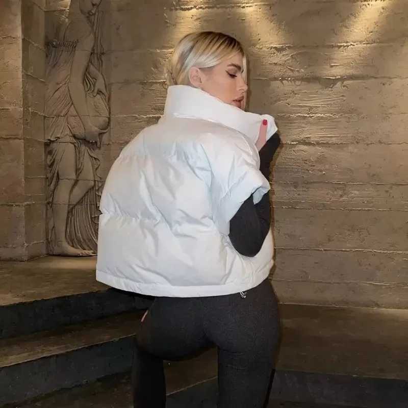 Women's Down Parkas Fashion Women Short Slve Zipper Button Puffer Jacket Vest Warm Bubble Coats Drawstring Parkas Down Stand Collar Crop Jackets 