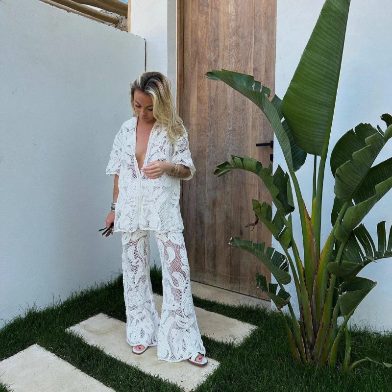 Fashion Knitted Hollow Out Shirt Pants Set Women Elegant Lapel Half Sleeve Top Straight Suit 2024 Lady Vacation Outfit 240819