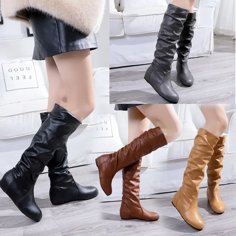 Womens High Heels Winter Knight Boots Fashion Retro Buckle Knee High Boots Womens Long Boots Botas De Mujer PU 240823
