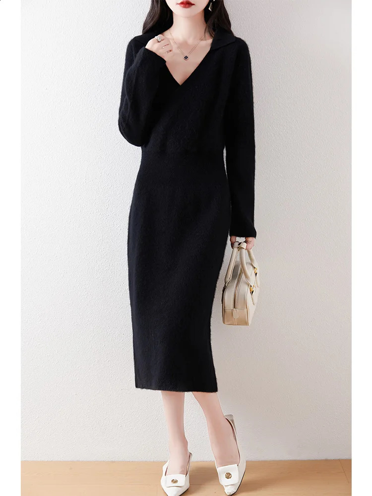 Womens Pure Wool Knitted Long Dress Waist Lapels Loose Elegant Casual Fashionable Sweater Autumn/Winter 240824
