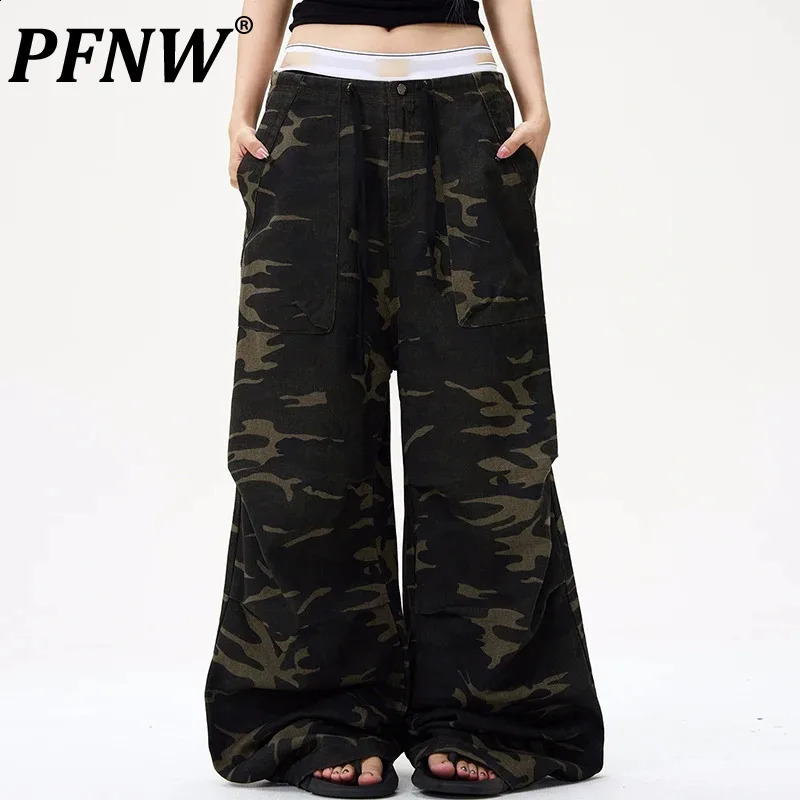 PFNW American pleated n camouflage wide leg pants mens street clothing loose casual cargo transport vehicle autumn trend 28W4636 240823