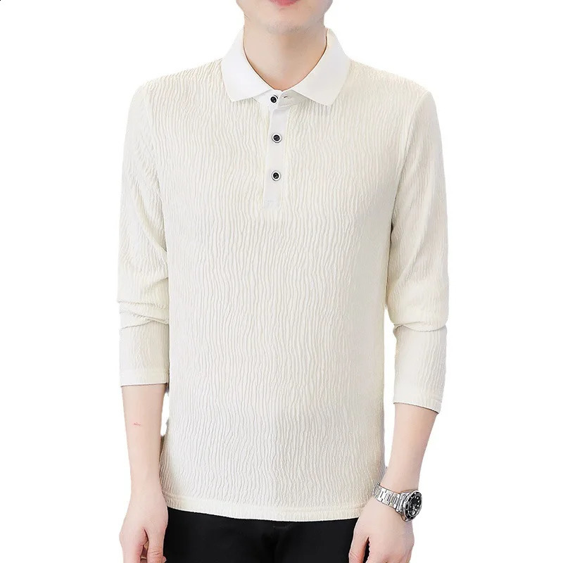 Mens Long Sleeve Polo Shirt Casual T-shirt Spring Autumn Loose Polo Collar Mens Wear Plus Size Crumpled Pleated Shirts 3xl 4xl 240824