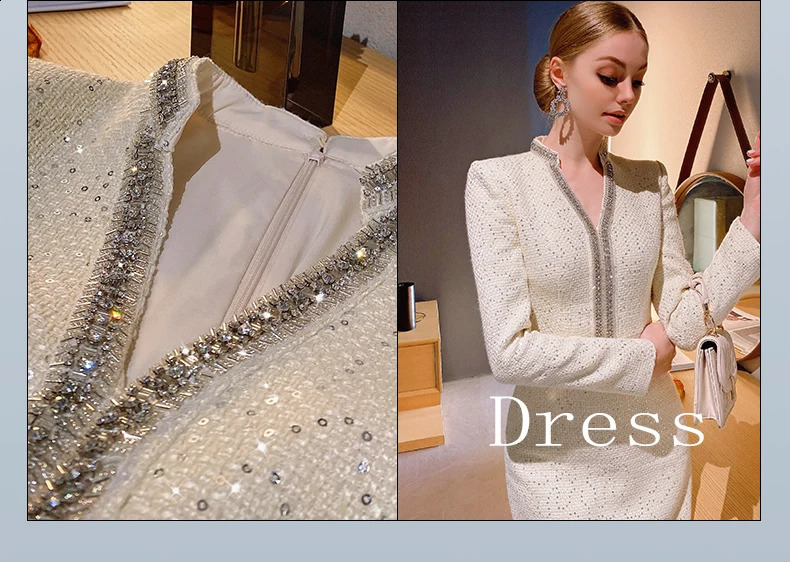 High-End Custom Tweed Dress for Women Drilling Sequined V-neck Long Sleeve Woolen Dress Banquet Party Autumn Winter Vestidos 240824