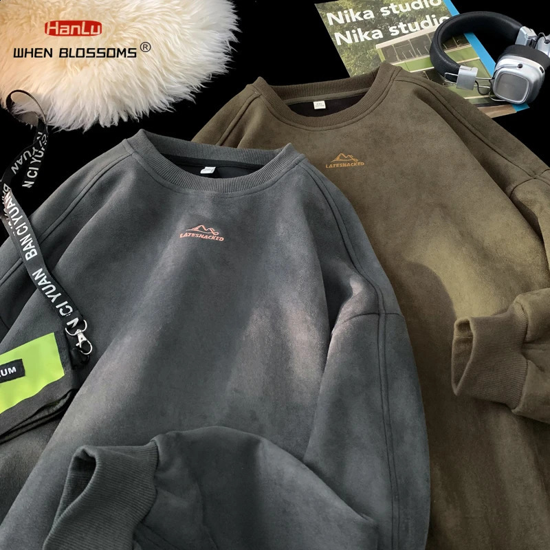 HANLU AutumnWinter Warm Suede Leather Sportswear Mens Wool ONeck Unisex Zipper Outdoor Fashion Wear 240823