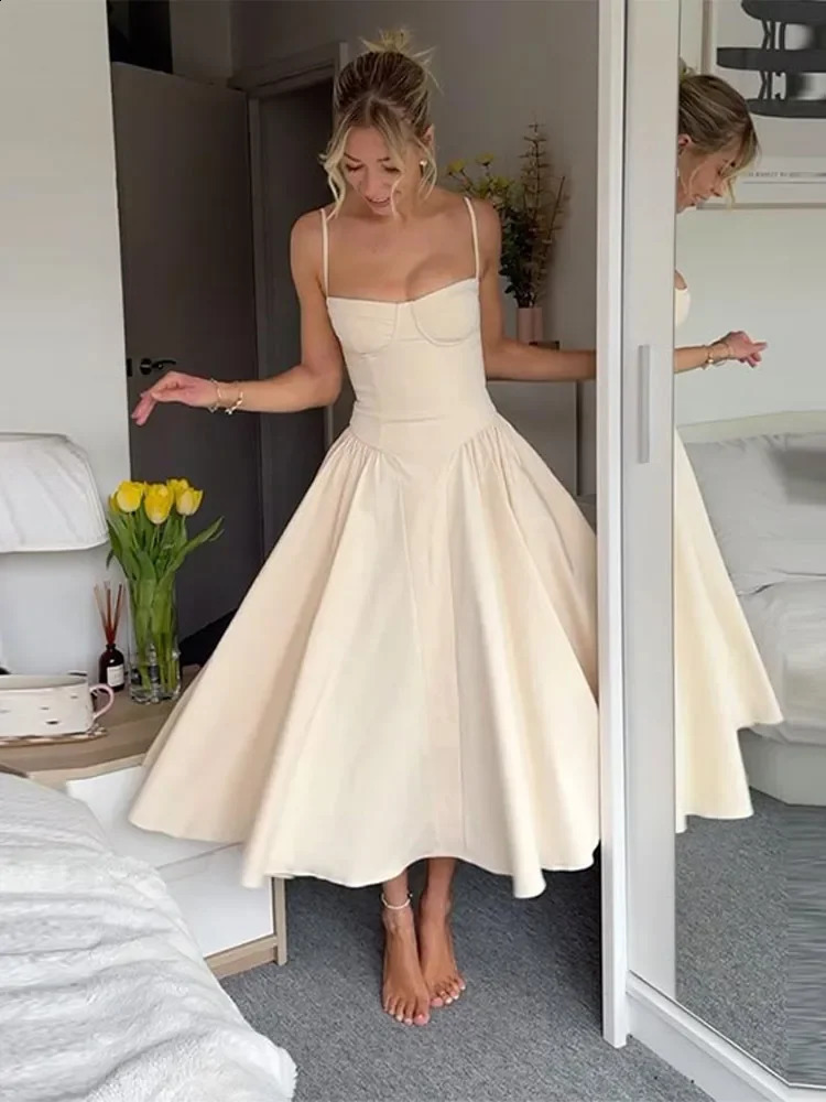 Elegant Solid Big Hem High Waist Maxi Sling Dress Women Sexy Sleeveless Backless Pockets Square Neck Dresses Lady Party Vestidos