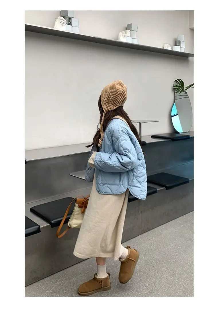 Women's Down Parkas Sky Blue Quilted Padded Cotton Parkas Coat Autumn Winter Solid Jacket Loose Casual dents Swt Girls Outerwear Korean Fashion Y