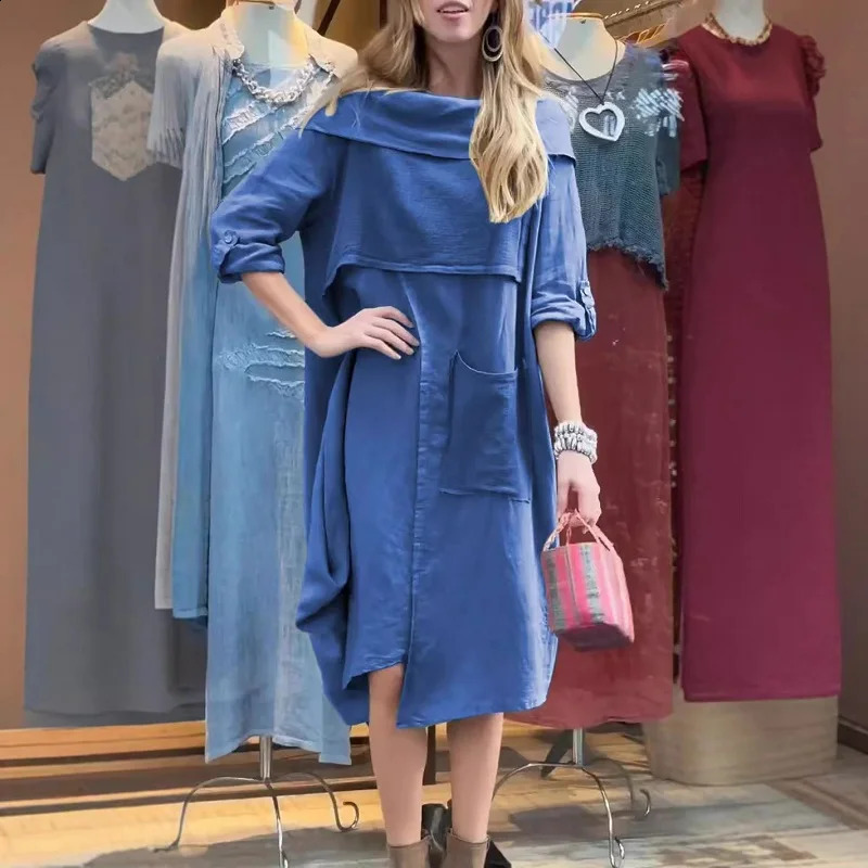 Retro Casual Large Pocket Cotton Linen Dresses Women Fall Scarf Collar Solid Long Dress Winter Long Sleeve Female Pullover Dress 240824