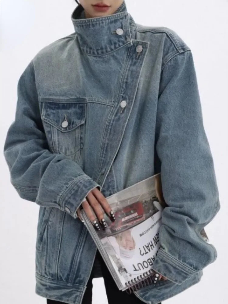 Womens Denim Coat Turtleneck Single Breasted Full Sleeve Patchwork Versatile Jacke Fashion Autumn Streetwear Denim Overcoat 240823