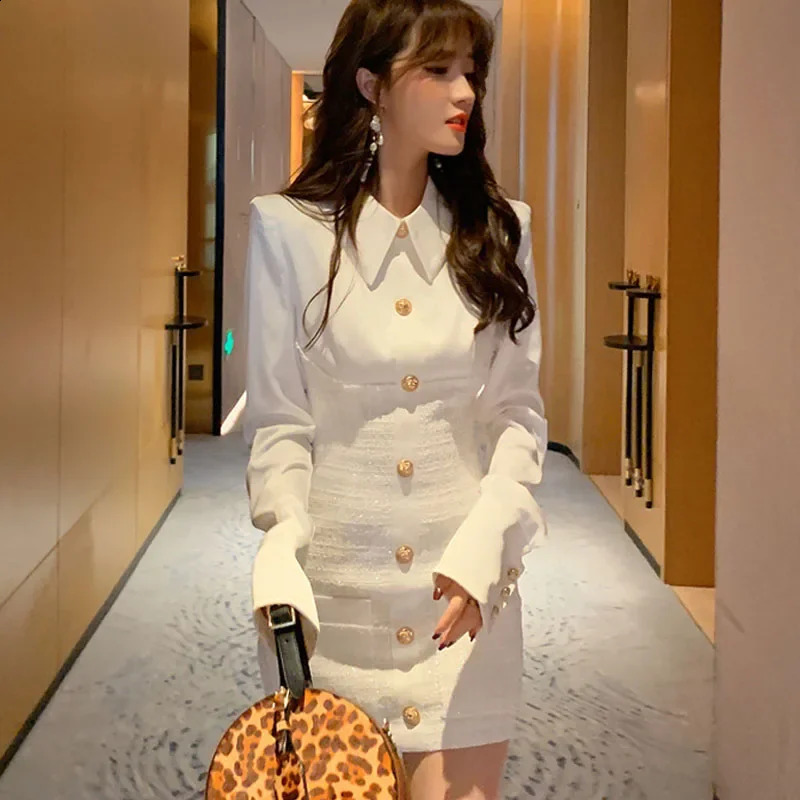 Fall Winter Fashion Women Office Dress Turn-down Collar Long Sleeve Metal Button Tweed Spliced White Bodycon Dress 240824