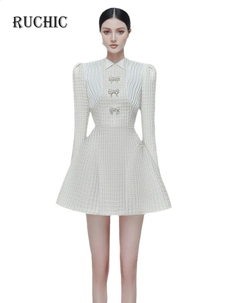 RuChic Autumn Tweed Spliced Bow Long Sleeve Womens Dress Solid Color Zipper O-neck Elegant Mini Party Dress 240824
