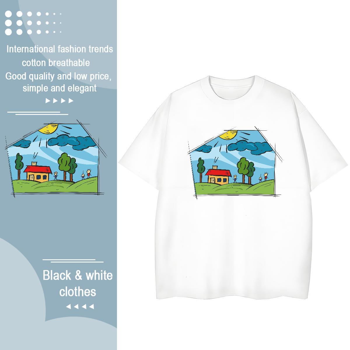 Free Shipping Womens Tshirts 230g Cotton painting Sports Street Wear Women T Shirts Crew Neck Breathable Cartoon Floral Printing Tops