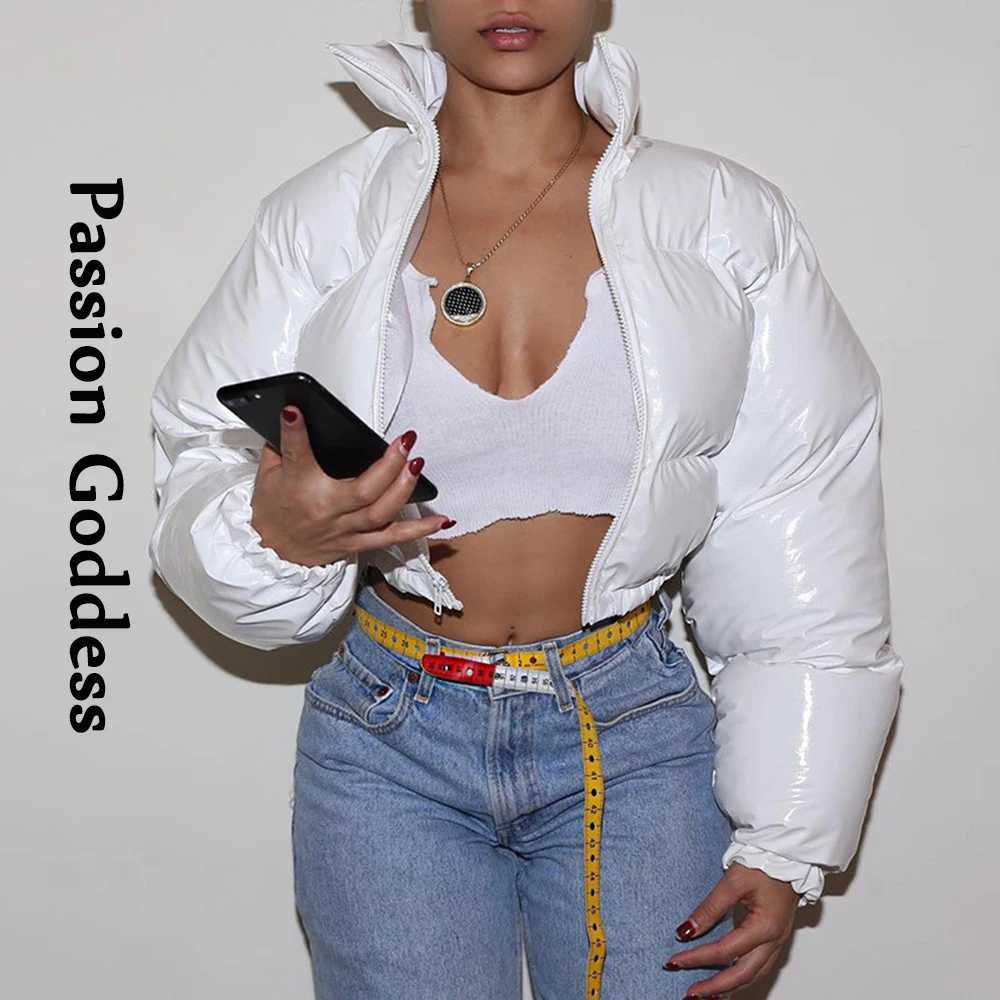 Women's Down Parkas Winter Women Cute Shiny PU Leather Puffer Jacket Warm Thick Bubble Coats Bright Leather Parkas Down Red PU Zipper Cropped Puf