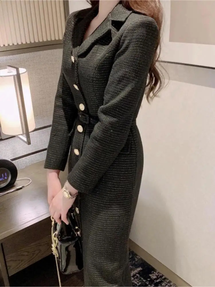 Fashion White Tassel Single Bodycon For Women Office Dresses Suit Collar Black Autumn Long Sleeve Female Formal Dress 240824
