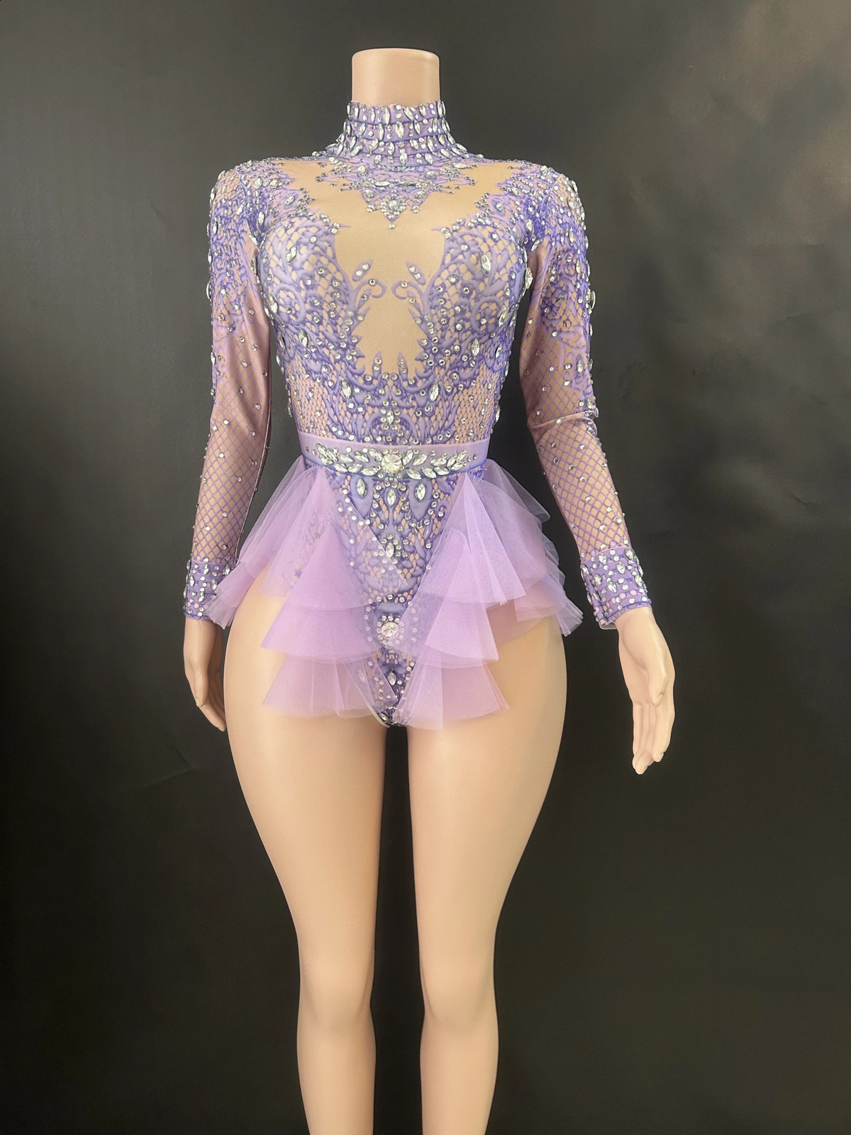 Sparkly Rhinestones Womens Tight Dress Elastic Pink Mesh Ruffle Crystal Nightclub Dancer Stage Party Set 7G w240824