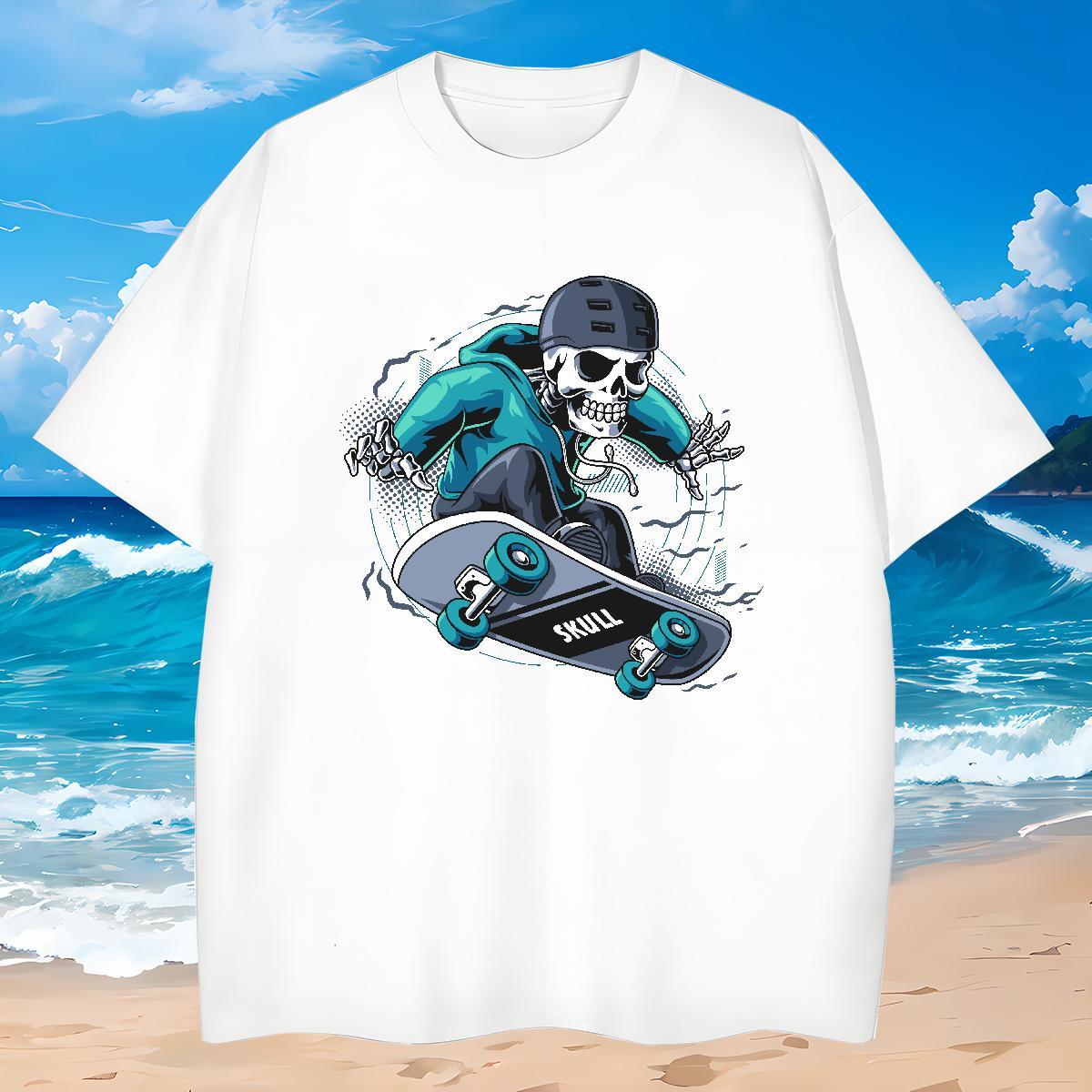Cool Men T Shirts 230g Cotton skull Hip Hop Street Floral Print Breathable Crew Neck Men Tshirts Brand Polos