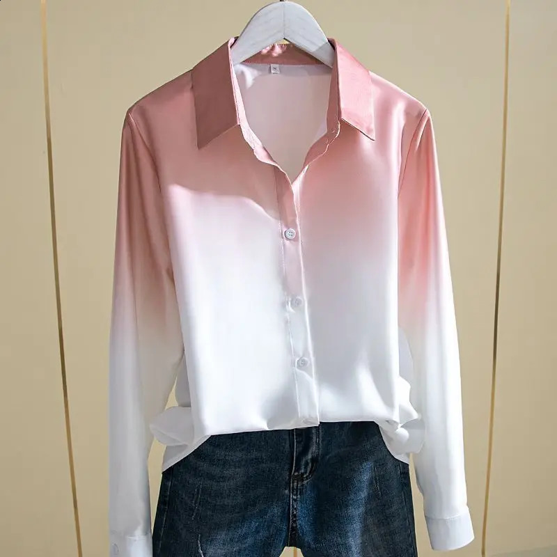 Womens Spring Autumn Fashion Polo-Neck Button Loose and Slimming Long Sleeved Personalized Gradient Western-style Shirt Top 240823