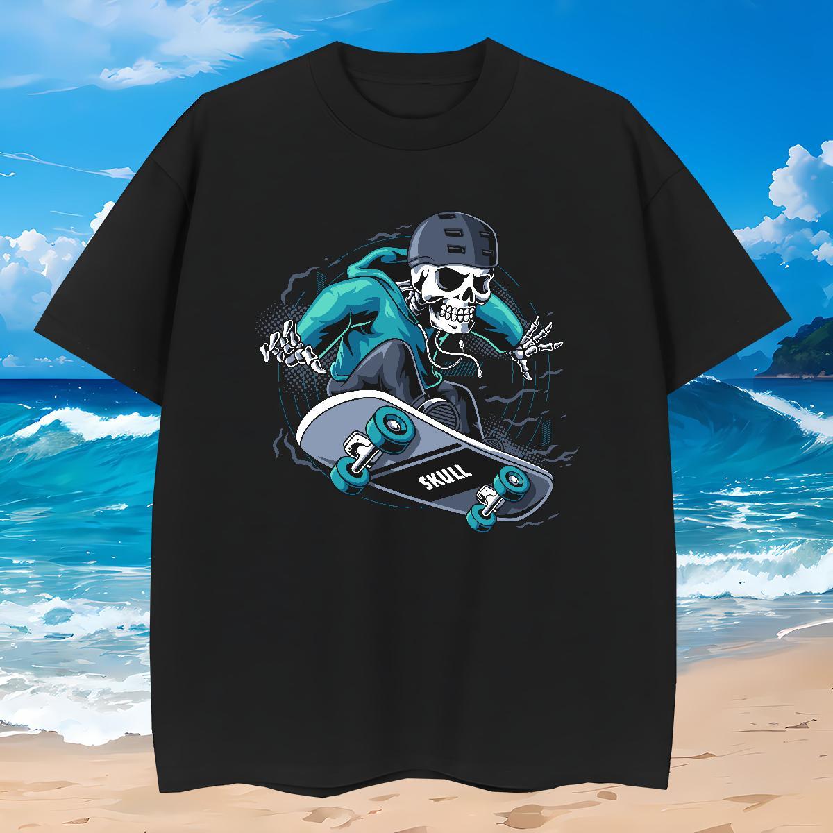 Cool Men T Shirts 230g Cotton skull Hip Hop Street Floral Print Breathable Crew Neck Men Tshirts Brand Polos