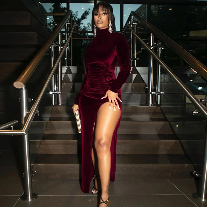 Womens autumn and winter style high-necked long-sleeved velvet dress slim pleated slit dress 240823