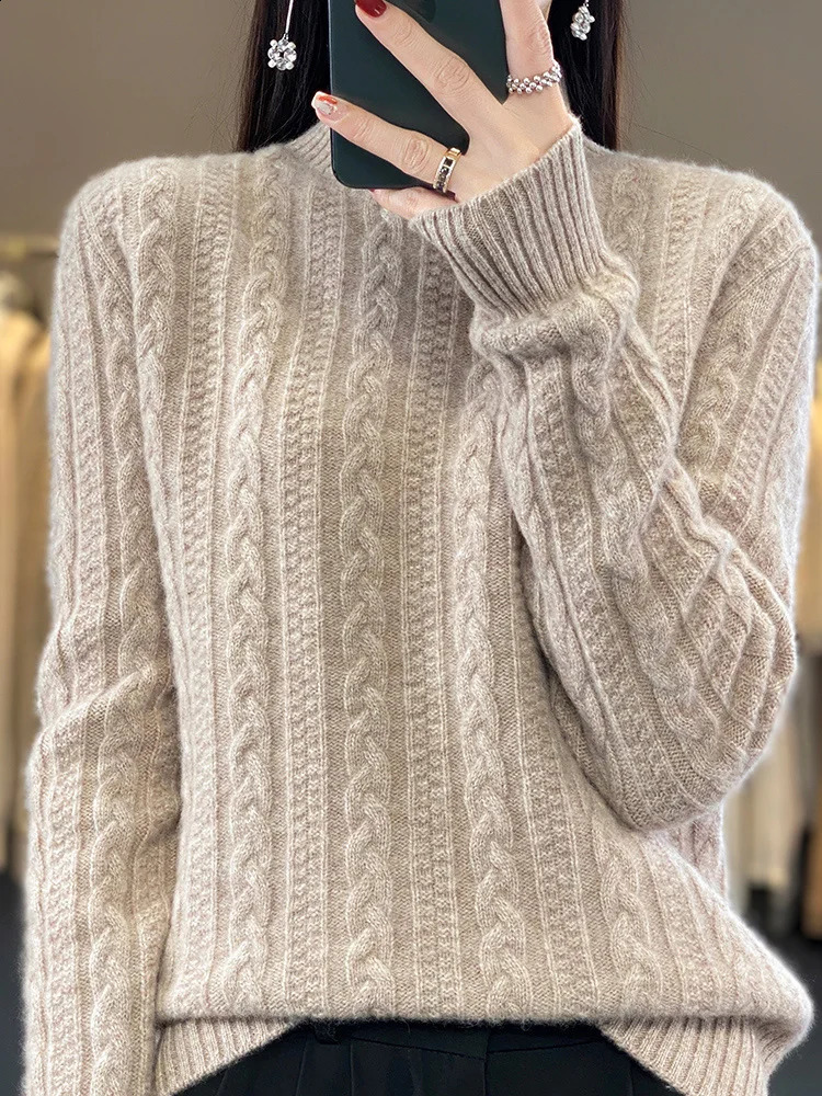 100% Wool Knitted Pullover Womens Semi-Turtleneck Long-sleeve Sweater Fashion Jacquard Warm Tops Thick Female Jacket Autumn 240824
