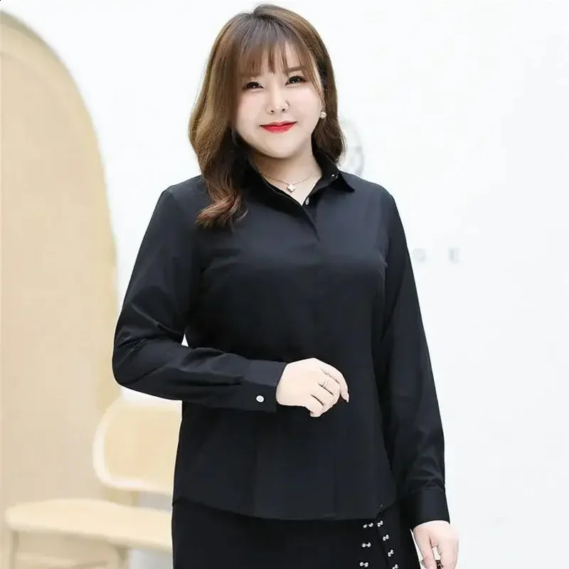 Long Sleeve Office Blouse for Women Casual Bodysuit Tops Wrinkle Resistant Korean Silky Plus Size Black Summer 240823
