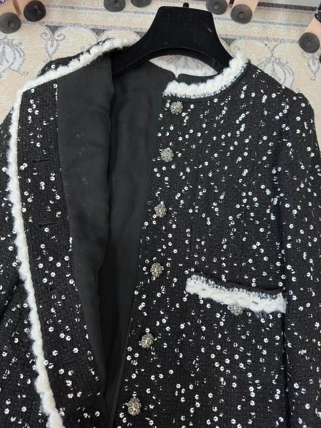 Autumn Fashion Womens High Quality Elegant Black Sequins Long-sleeves Tweed Dress F292 240824