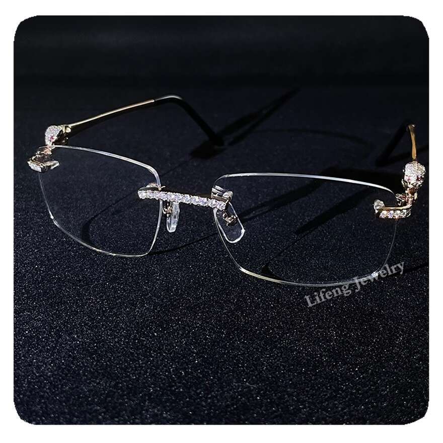 NEW Designer Custom Hip-hop Jewelry Clear Lens Plated VVS Moissanite Glasses Gold for Men Women Yellow Sunglasses Gift Box AlloyMoissanite glasses