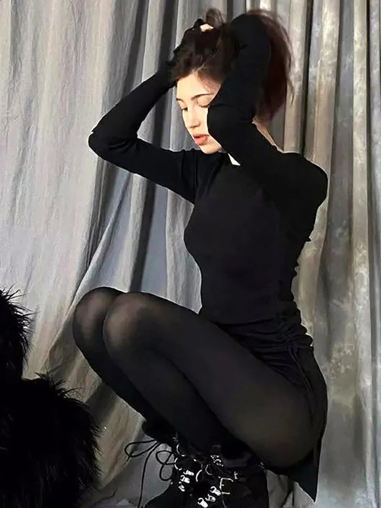 Goth Dark Mall Gothic Drawstring Bodycon Women Mini Dresses Y2k Punk Black Split Sexy Long Sleeve Dress Grunge Basic Partywear 240823