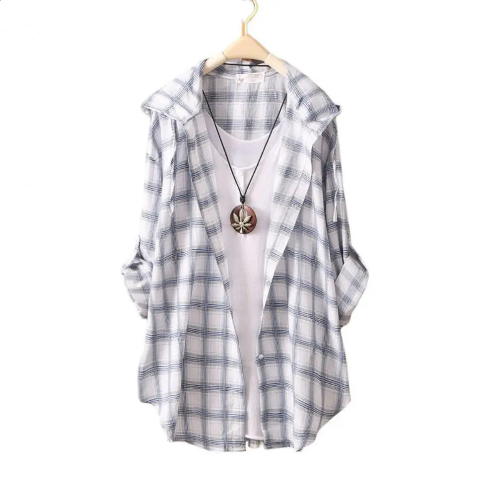 Hooded Roll-up Sleeve Sun Protection Women Cardigan Summer Open Front Plaid Printed Sunscreen Shirt Female Clothing 240823