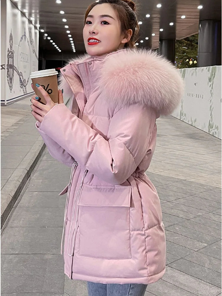 Winter Slim Pink Padded Coat Faux Fur Collar Hooded Parkas Korean Big Size Cotton Jaqueta Waist Drawstring Midi Lenght Jackets 240823