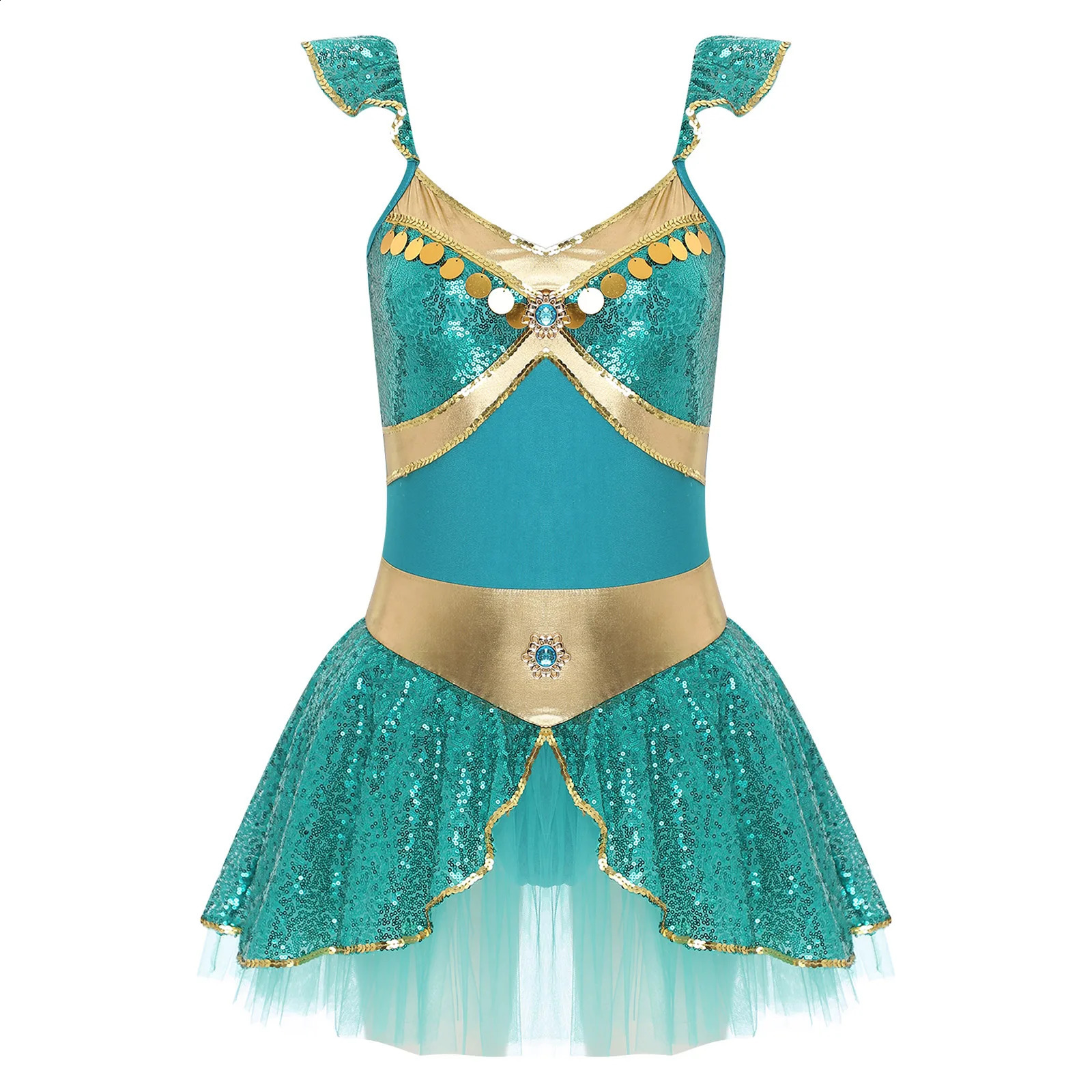 Womens Arabian princess costume with flying sleeves gemstone sequins sheer bodysuit Tutu dress Halloween carnival theme party roleplaying outfit w2408