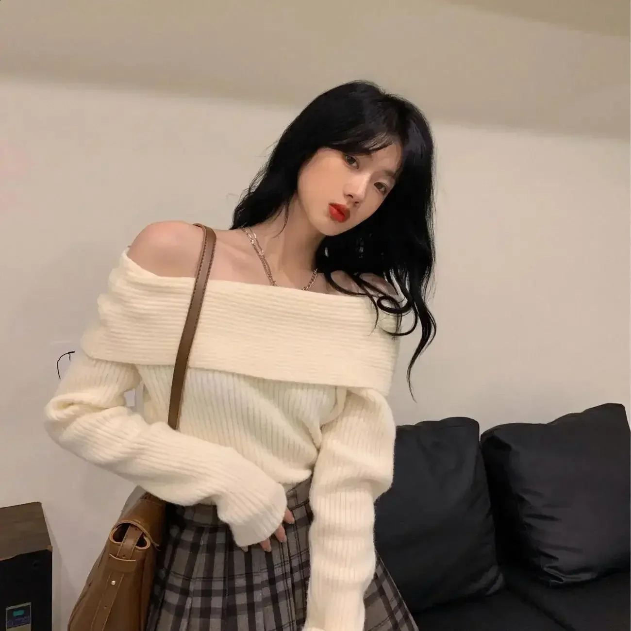 Off Shoulder Tops for women Long Sleeve Knitwear Knitted Sweater Sexy Pullover Y2k Clothing Korean Knit White Black Grey 240824