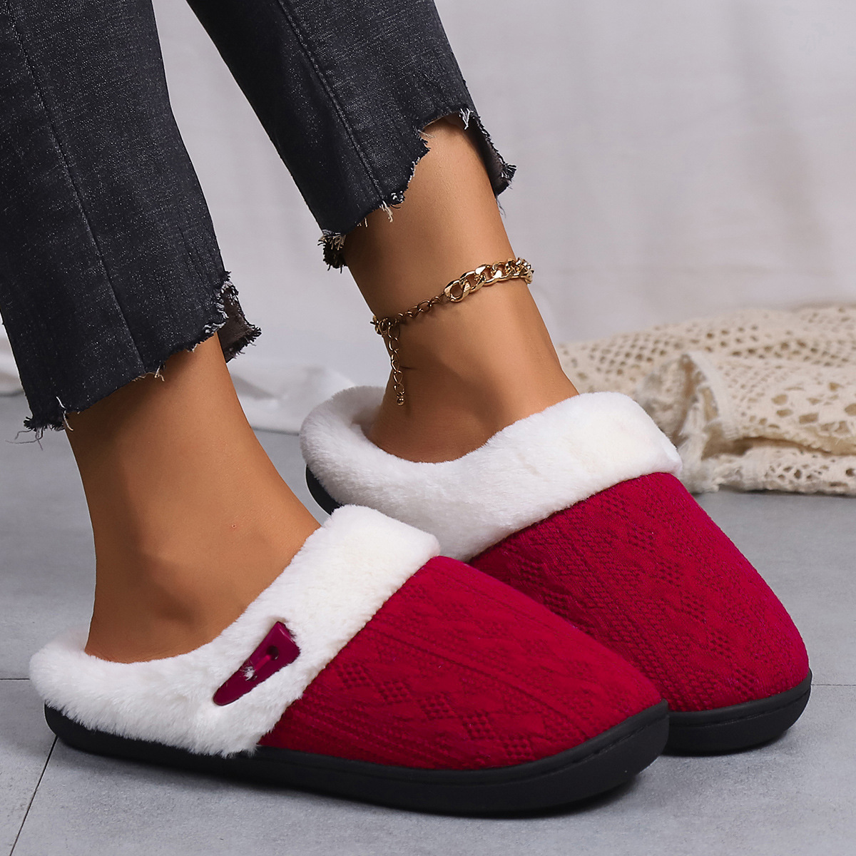 Fashion slippers men women knitted wool and fluffy slipper for couples simple and comfortable home thick-soled warm cotton slippers winter non-slip