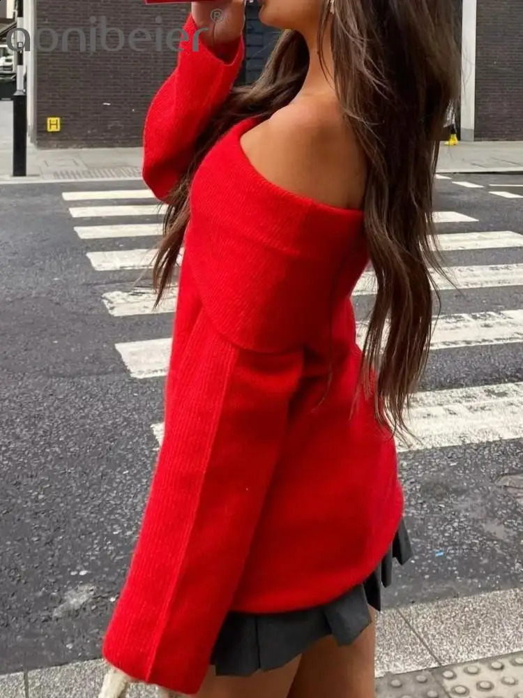 Aonibeier Red Off Shoulder Women Sweaters Traf Winter Long Sleeve Slash Neck Knitted Pullovers Female Top Y2K Jumpers 240824