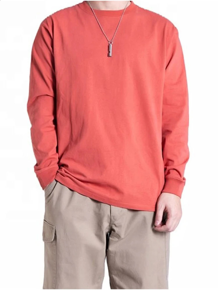 American ultrafine cotton long sleeved round neck loose mens pure white bottom shirt 240823