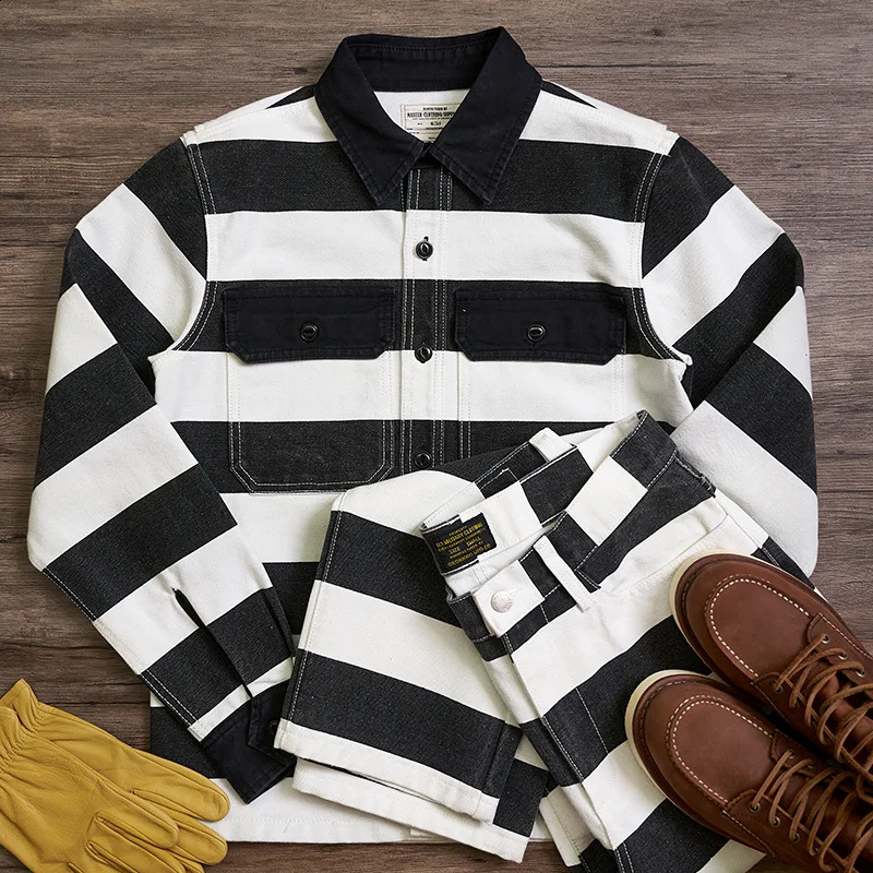 Autumn American Retro 16oz Heavy duty Prisoner Striped Jacket Mens Fashion Pure Cotton Washed Thick Canvas Motorcycle 240823