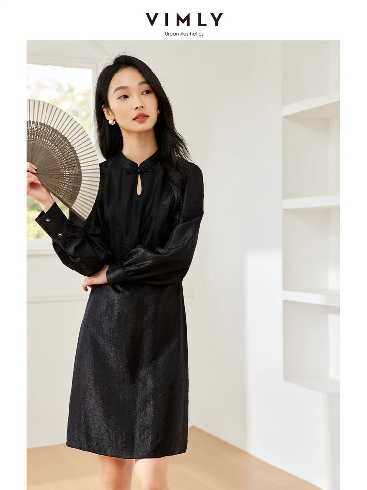 VIMLY Womens Chinese Style Improved Cheongsam Dresses Autumn Slim Dark Jacquard Lantern Sleeve Standing Collar A-Shape Dress 240824