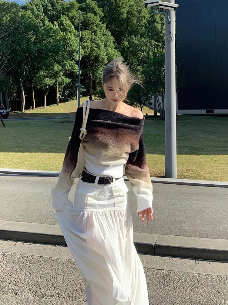 Gradient Fashion Off Shoulder Sweater Women Knitted Long sleeve Cropped Pullover Autumn Casual Female Chic Top Knitwear 240824