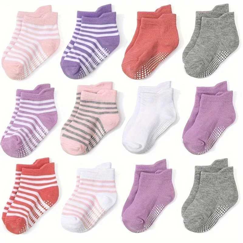 6 or 12 Pairs 0-5 Years Old Non-Slip Kids Socks with Grip Little Girls Boys Ankle Socks Infants Toddlers Children Floor Socks CL240824
