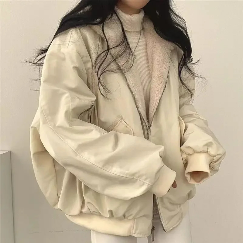 Thick doublesided wearing Lambswool cotton jacket Korean down womens winter zipper hooded park 240823