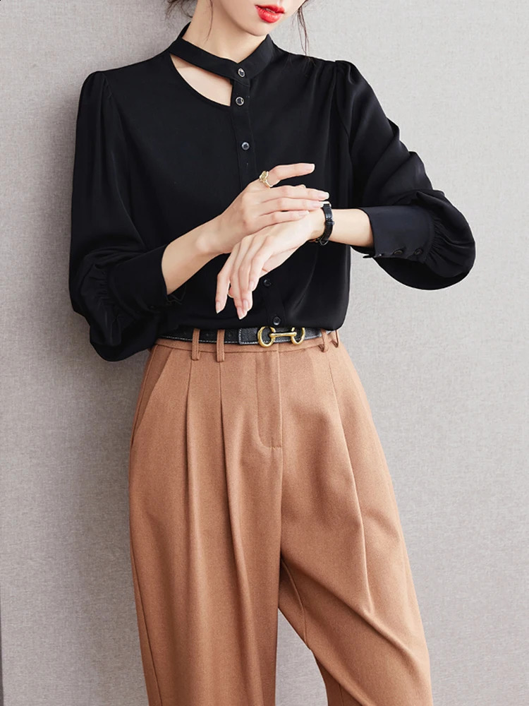 Womens fashionable long sleeved shirt elegant French office top casual womens w240824