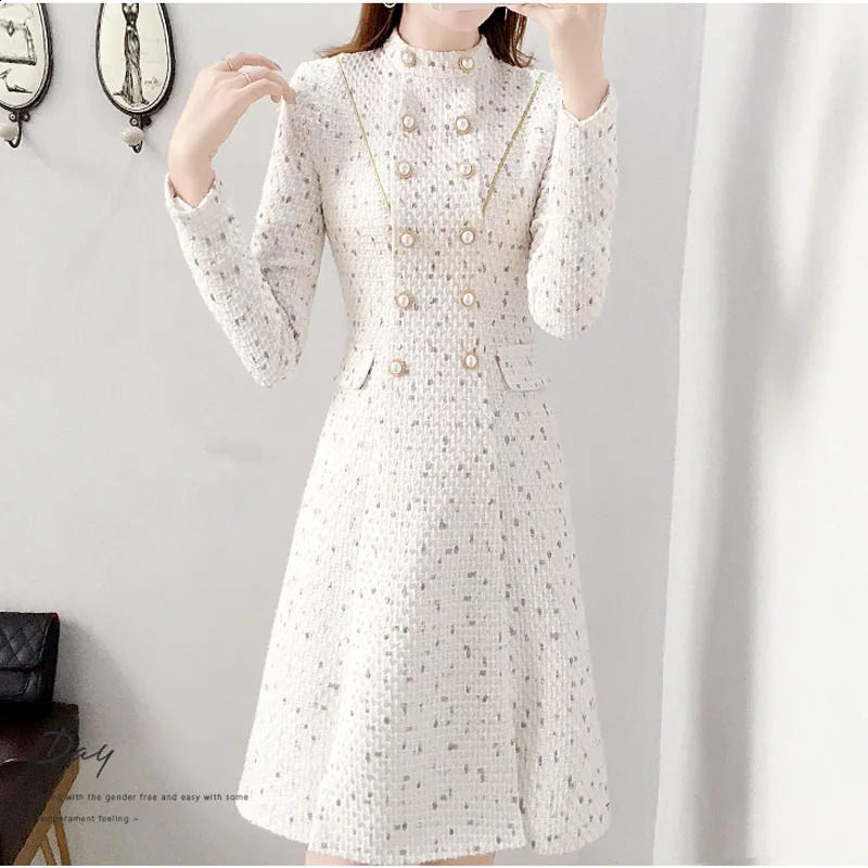Arrival Fitted Elegant Women Dress Pearl Button Tweed Dress Sexy Split Long Sleeve With Belt Pencil Dress Plus Size S-XXL 240824