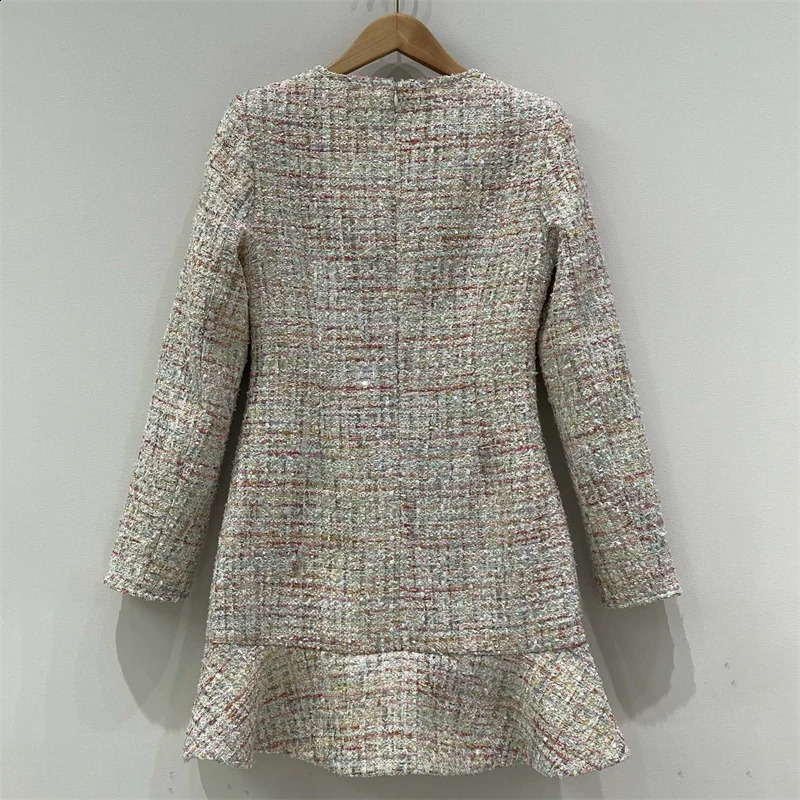 Womens dress Autumn Fashion Button Decorative Long Sleeve Mini Dress Colorful woven tweed Short dresses party dresses 240824
