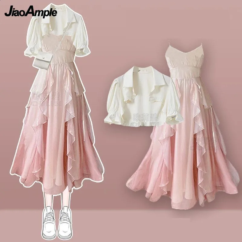 Womens Summer Fashion Short Sleeved ShirtSling Skirt Two Piece Suit Korean Elegant Short Top Dress Matching Set 240823