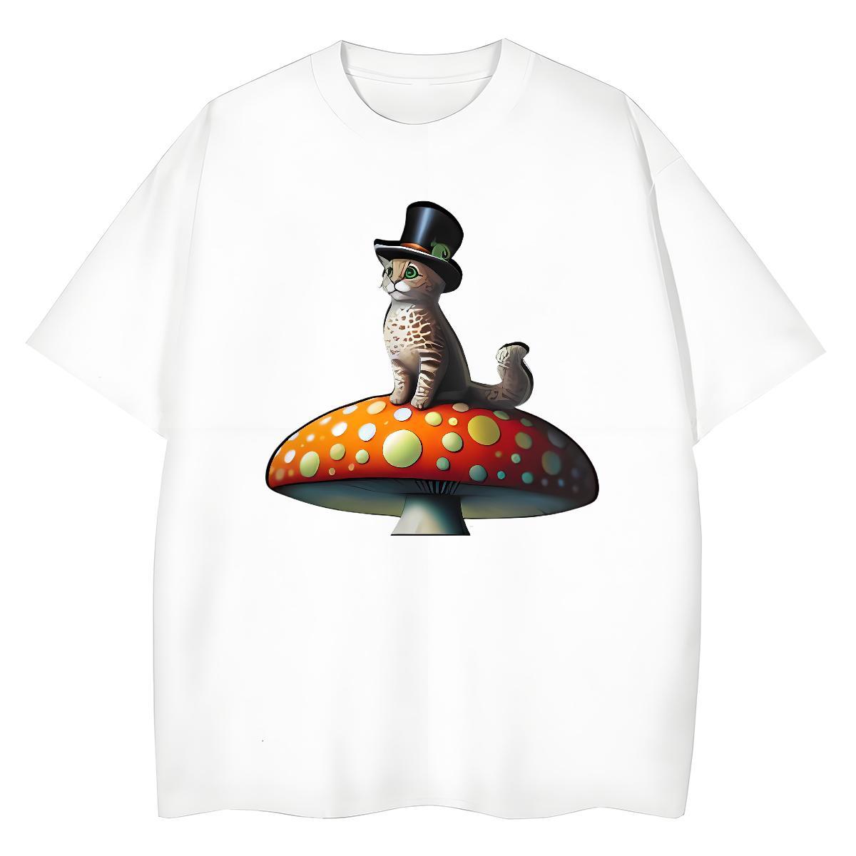 Classic Casual Mens Tshirts cat Summer Casual 230g 100% Cotton Top Tees Crew Neck Cool Design T shirt DIY Anime