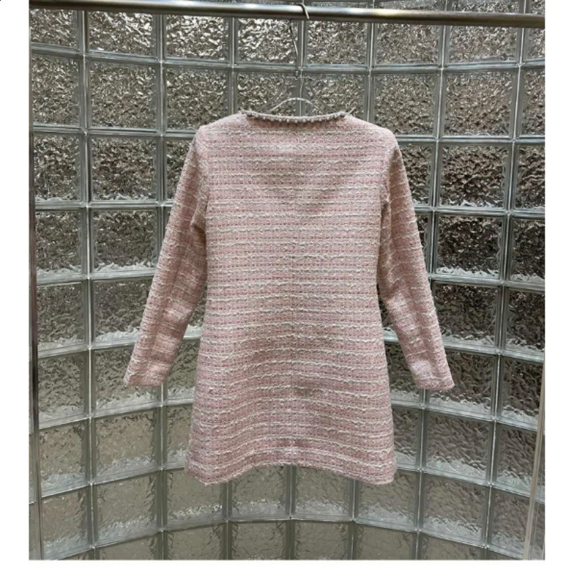 Long-sleeved Elegant Dress Party Women Spring Autumn Square Collar Nail Bead Tweed Sweet Korea High Quality Pink Mini Dresses 240824